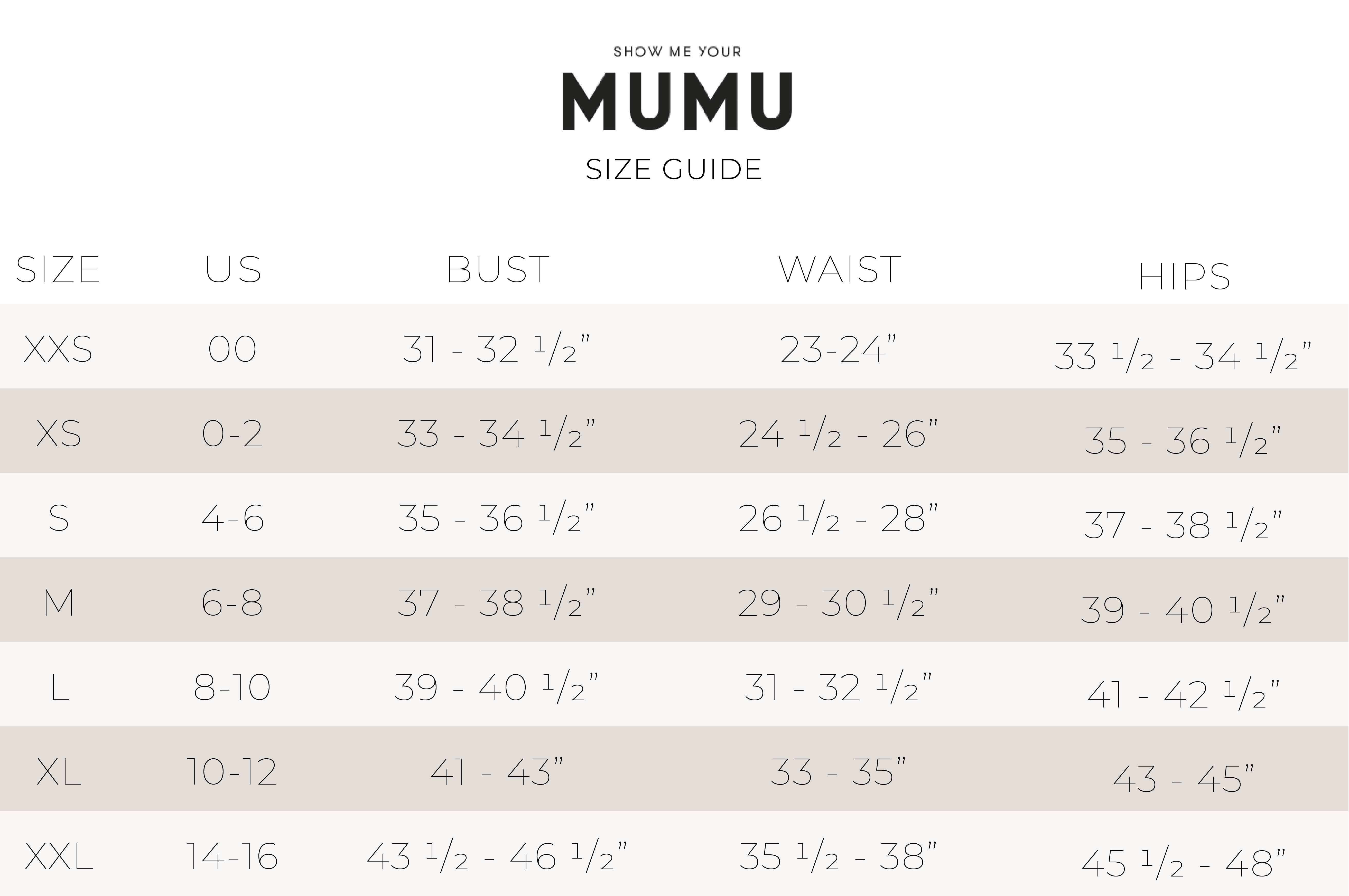 Show Me Your Mumu Size Chart Harper & Tucker