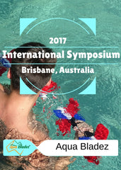 young man doing bicep curls with aqua bladez in pool. 2017 brisbane, australia, international symposium