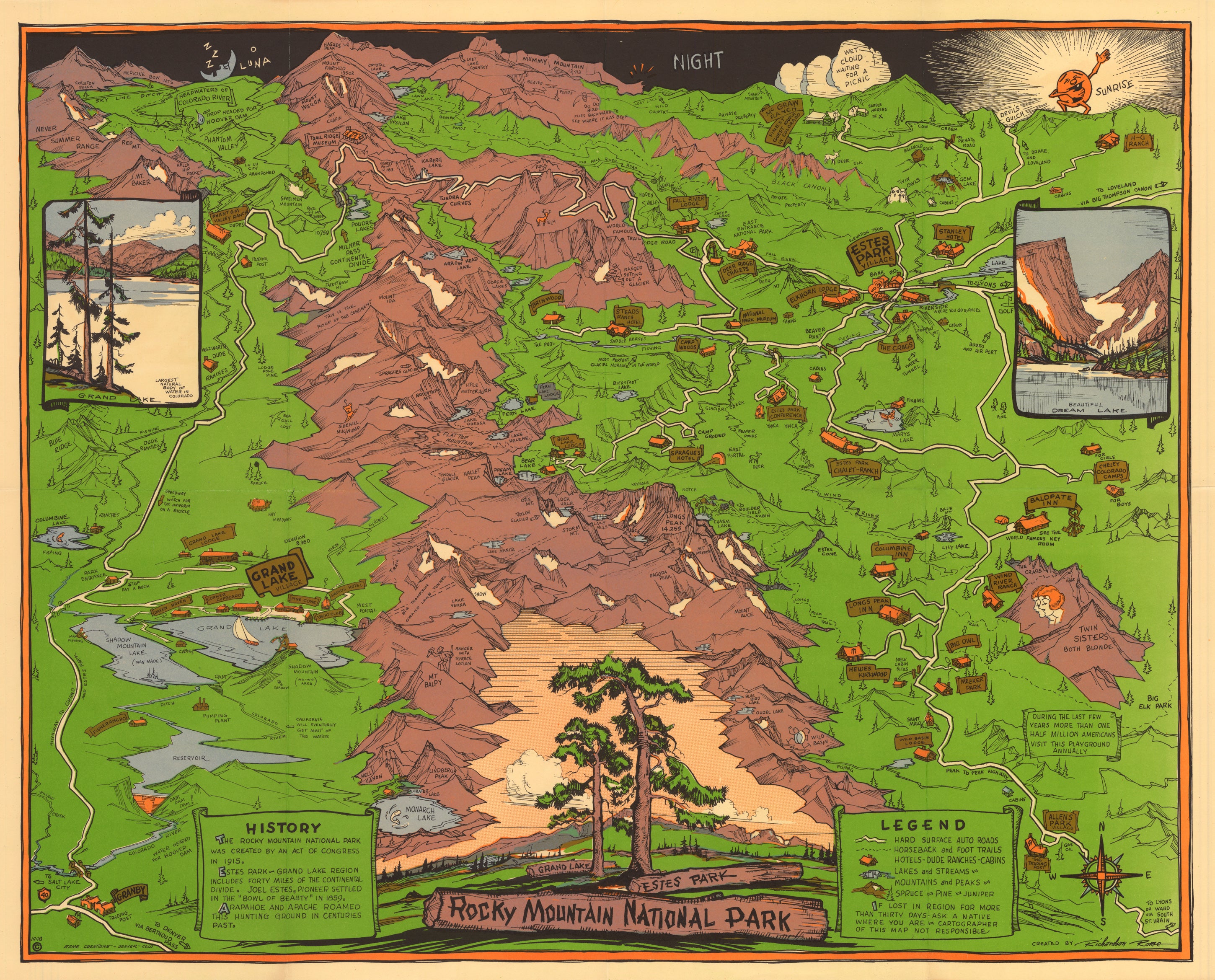 Vintage Map Of Rocky Mountain National Park By Richard Rome 1948   10870a 