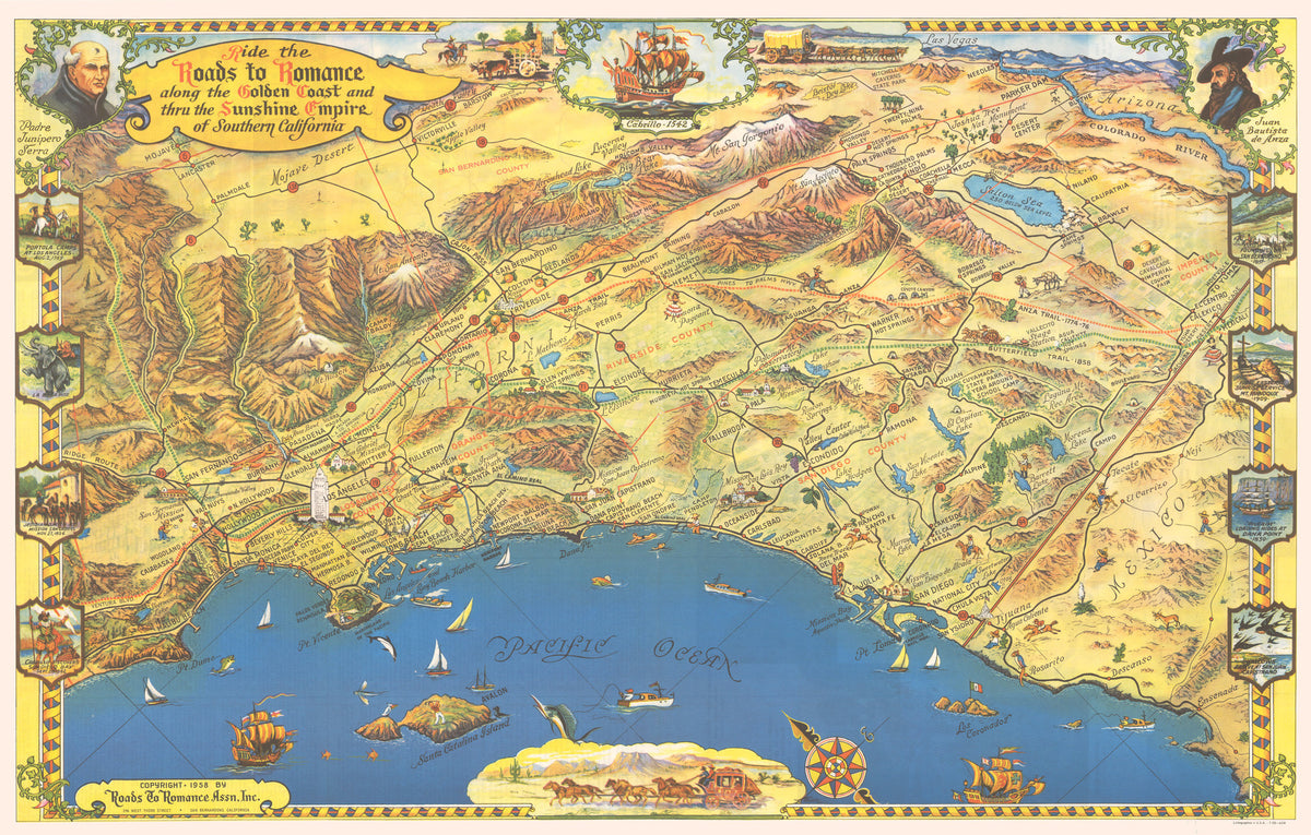 1958 Roads to Romance Map, Southern California - theVintageMapShop.com ...