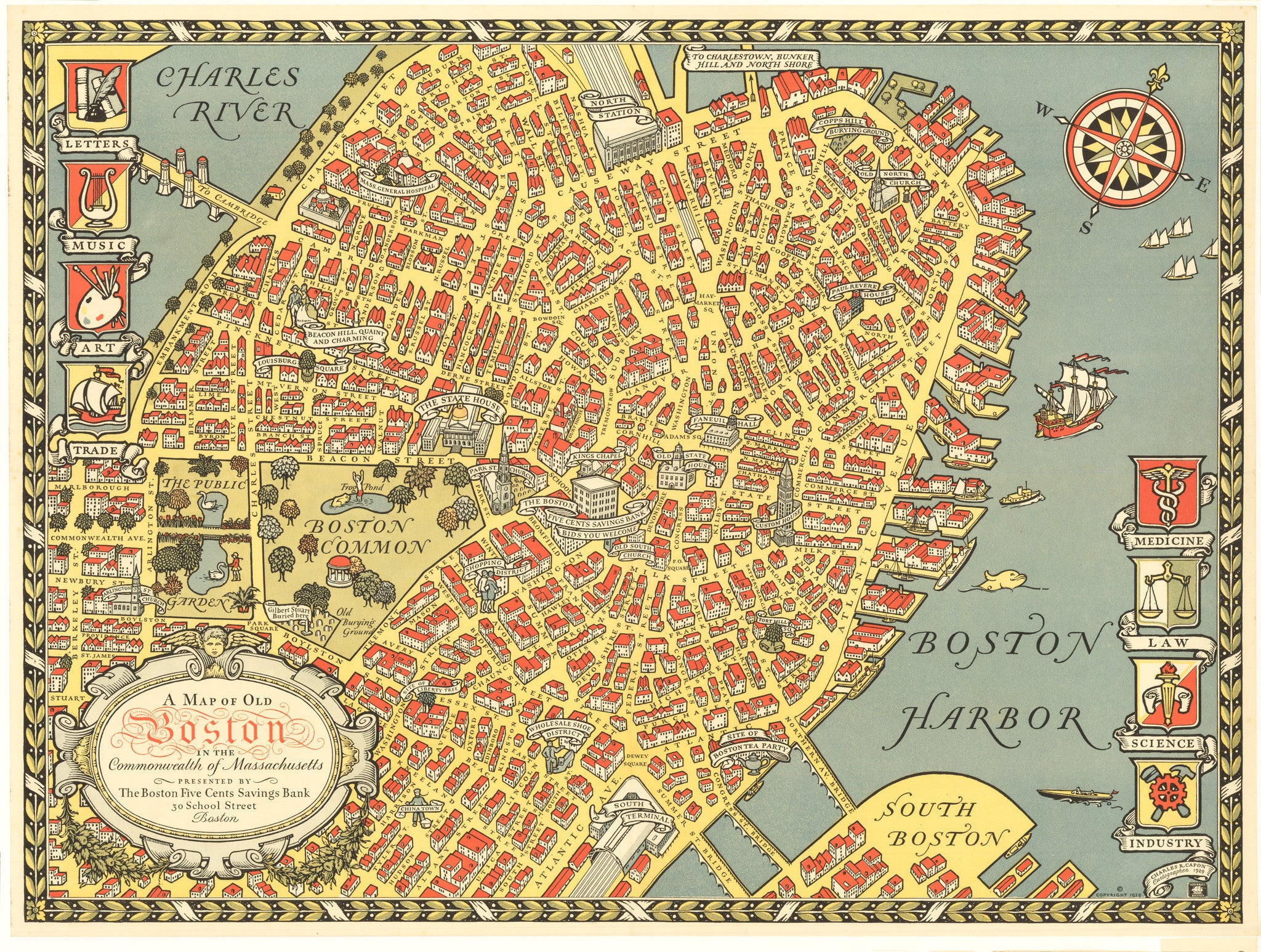 old map of boston 1929 Map Of Old Boston By Capron Thevintagemapshop Com The old map of boston