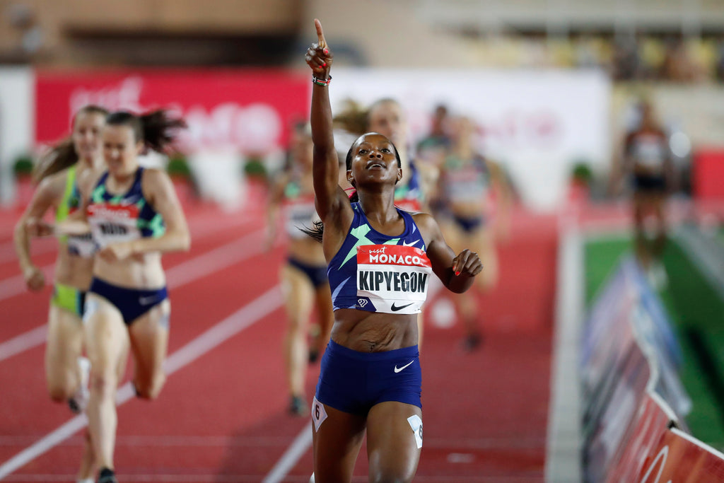 Faith Kipyegon of Kenya celebrates victory in the Women's 1000m during the Monaco 2020 Diamond League meeting