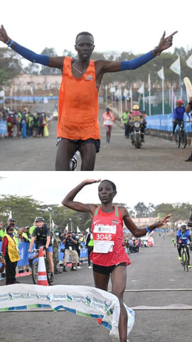 ELISHA KIPROP (Top) Valentine Kipketer (Bottom) after winning the Men’s and women's 42km races respectively during the Stanchart Nairobi Marathon on October 31, 2021