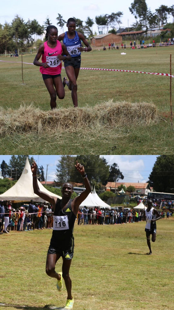 Edinah Chebitok and Purity Komen (top) Kiprop at the finish line followed by Titus mbishei at the AK Cross Country Championships in Iten, Elgeyo Marakwet