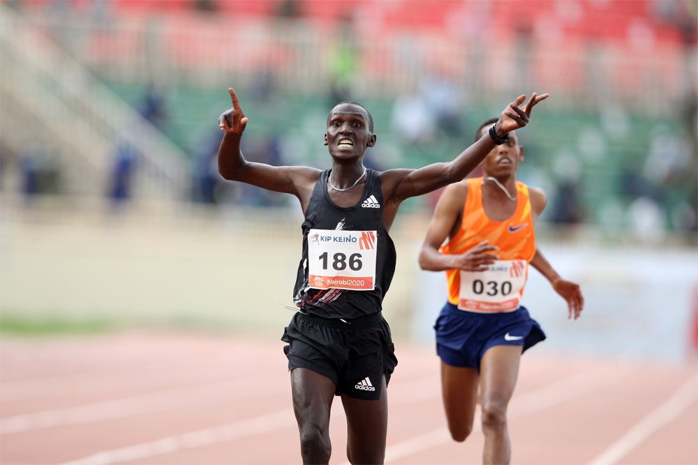 Kenya's Nicholas Kimeli wins the 5,000m race ahead of Ethiopia's Berihu Aregawi at the Kip Keino Classic at Nyayo National Stadium on 3 October 2020. Credit: Kip Keino Classic
