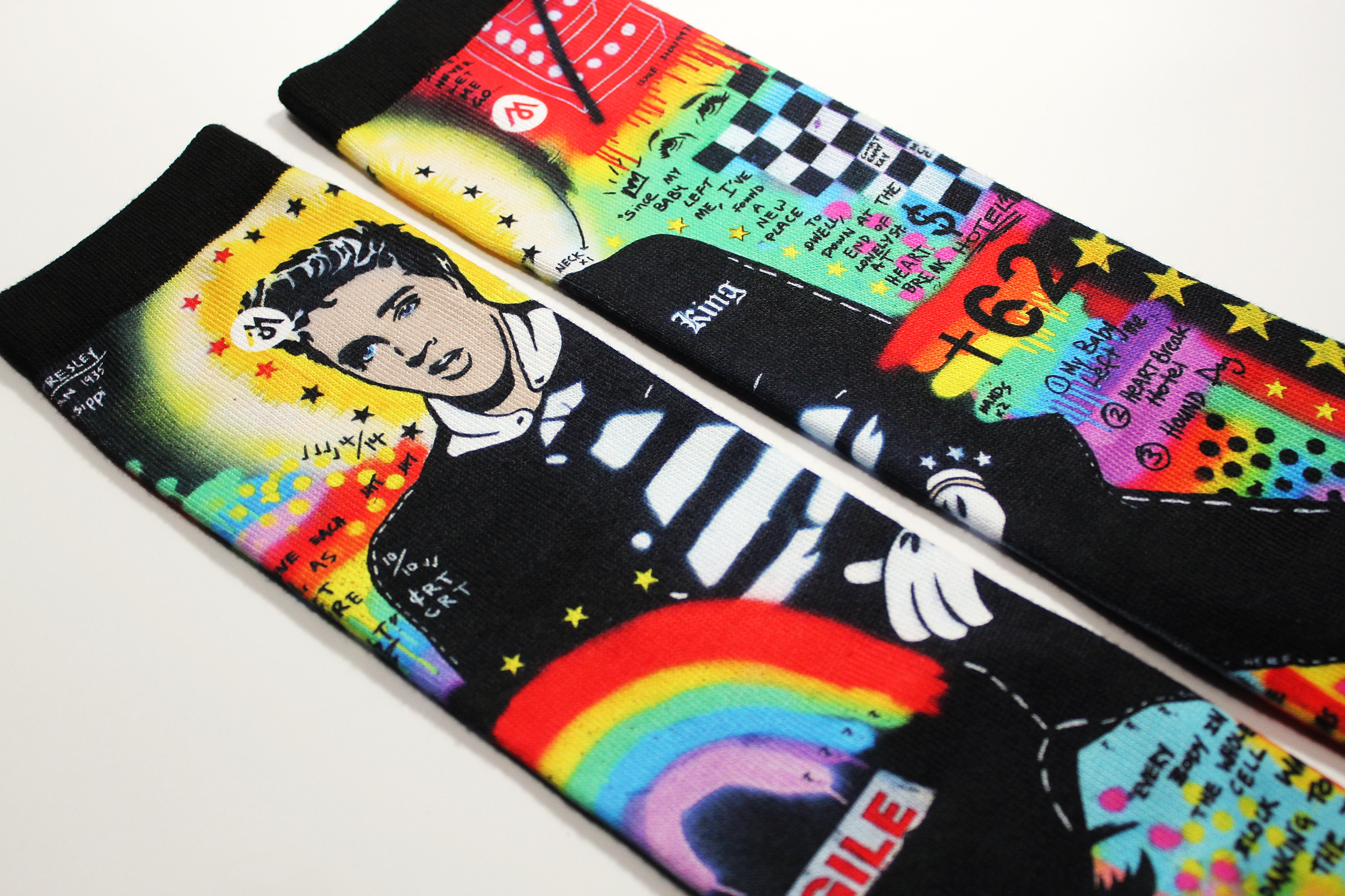 Crt designs artist collaboration mennie socks art Gold Coast Elvis socks Byron Bay Australia