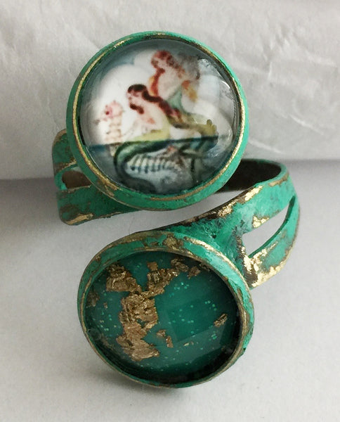 Glass Mermaid Cabochon Adjustable Wrap Ring v1 - Hollee