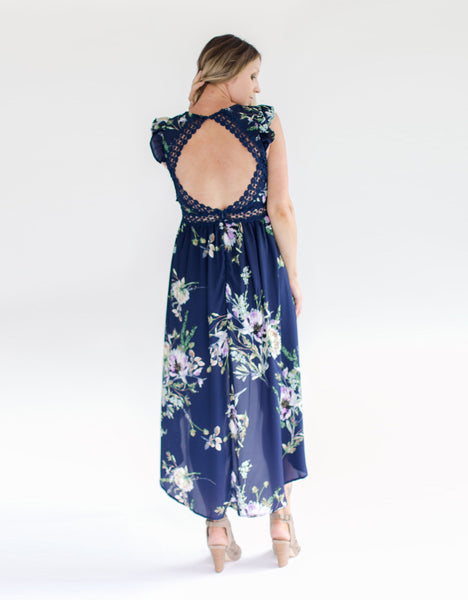 navy floral high low dress with open back