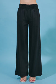 Smocked Waist Linen Pants - Black