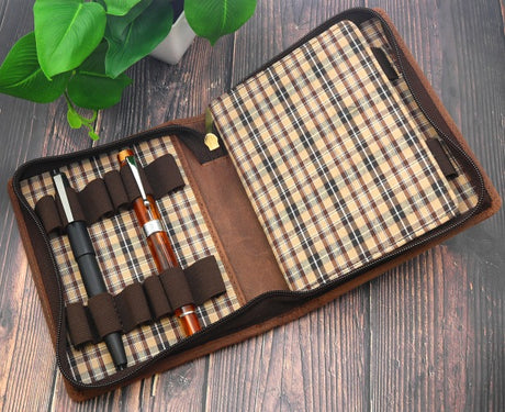 DK86 Genuine Leather Pen Case Holder Fountain Multi Pens Pouch Pen  Protective Sleeve Cover - Large Coffee