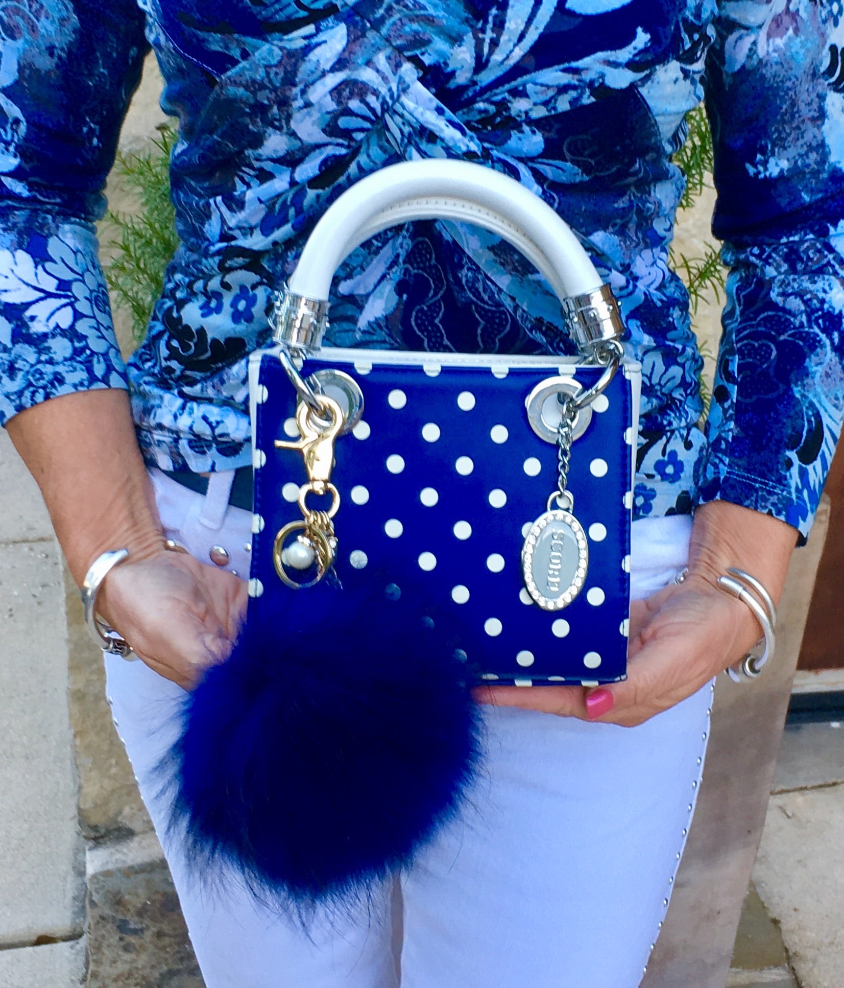 Real Fur Puff Ball Pom-Pom 6 Accessory Dangle Purse Charm - Royal Blue  with Gold Hardware