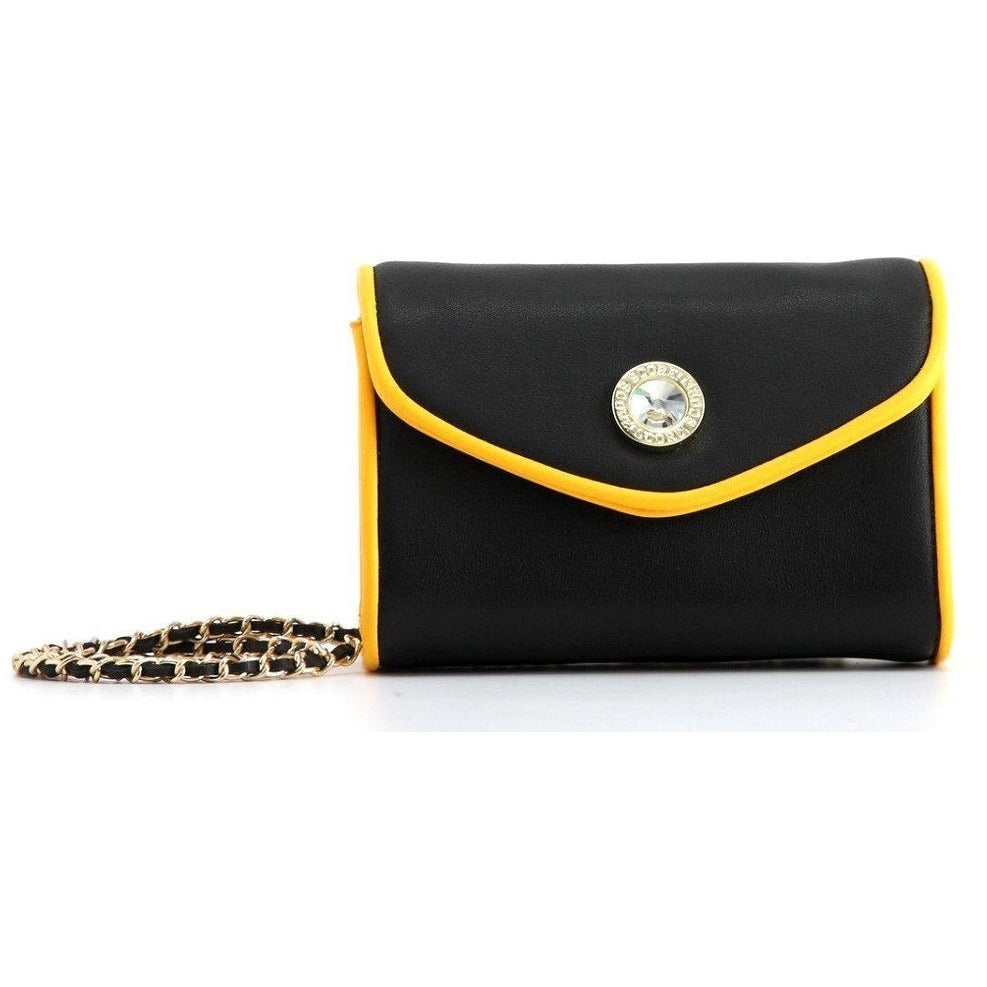 black and yellow clutch bag