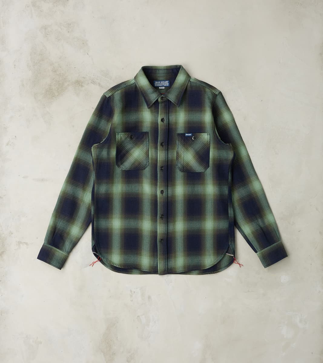 349-GRN - Work Shirt - 9oz Selvedge Flannel Ombre Check Green