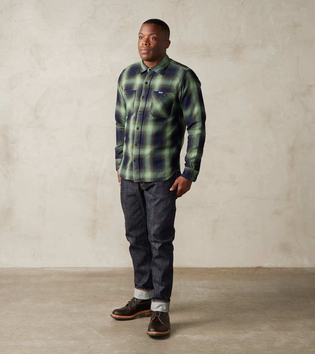 349-GRN - Work Shirt - 9oz Selvedge Flannel Ombre Check Green