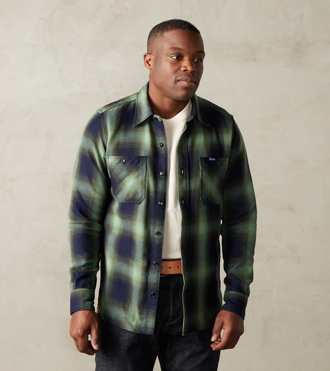 349-GRN - Work Shirt - 9oz Selvedge Flannel Ombre Check Green