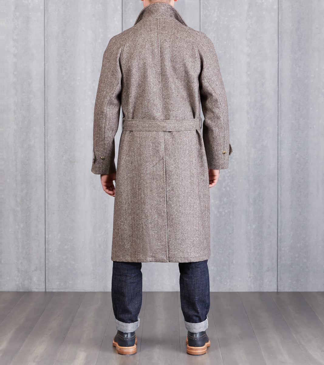 French Wool Grandad Trench Coat - Grey & Brown Herringbone