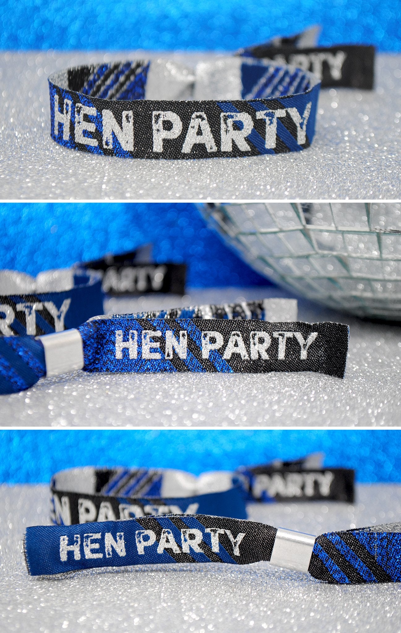 Hen Party festival wristbands blue black and silver 