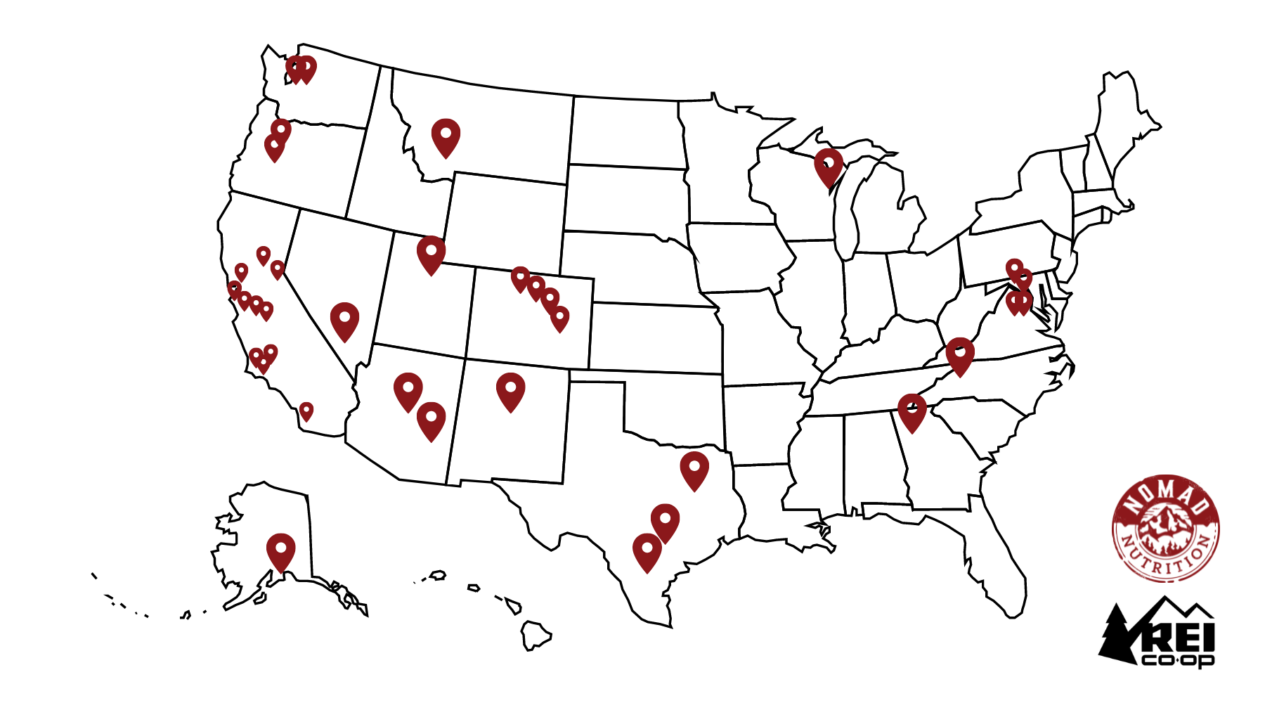 REI store locations that carry Nomad Nutrition products. 
