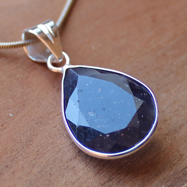 100% 925 Solid Sterling Silver Semi-Precious Blue Iolite Teardrop Natural Stone Pendant - Cherish Me Jewellery - Melbourne Australia