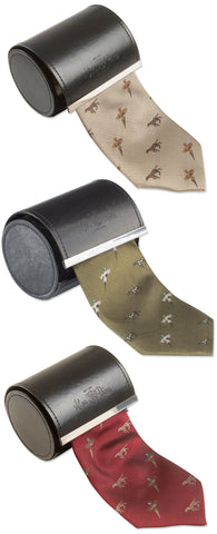 Alan Paine Ripon Silk Tie | Birds and Dogs against a white background