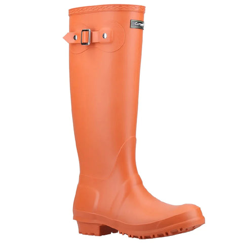 Cotswold Sandringham Wellies in orange against a white background
