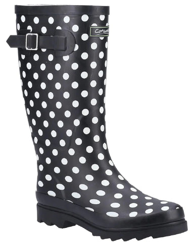 Cotswold Womens Chilson Wellingtons in black polka dots against a white background