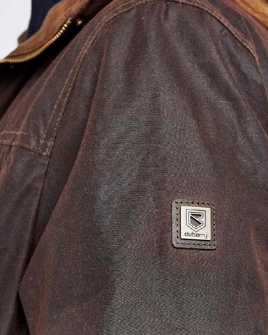 Close up of logo on Dubarry Mountrath Waxed Jacket