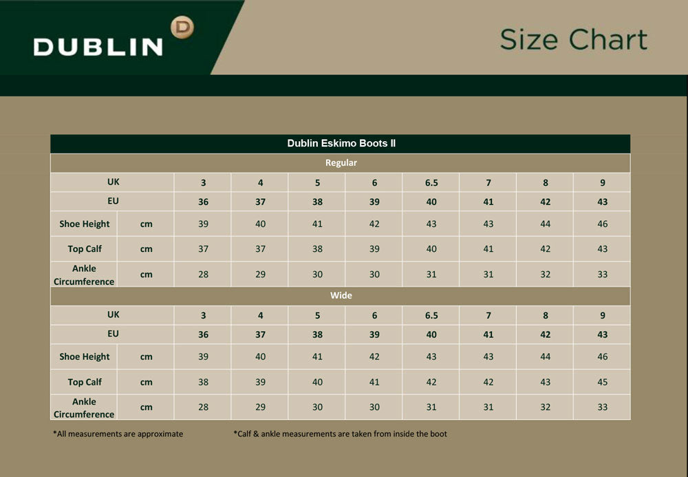Dublin Eskimo boot Size chart