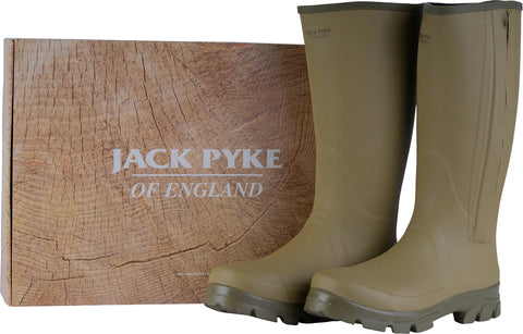 Jack Pyke Ashcombe Zipped Wellingtons and their outer box against a white background