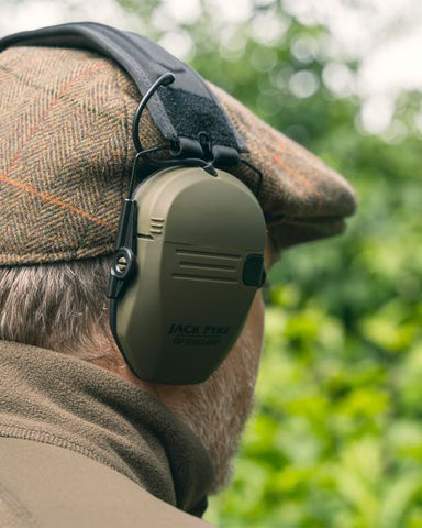 Close up of Jack Pyke Ear Defenders worn by man outdoors