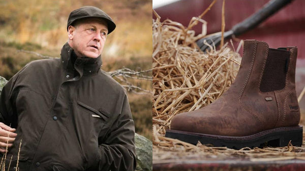 Man wearing farmers hat and jacket against a farm setting, farm boots next to straw 