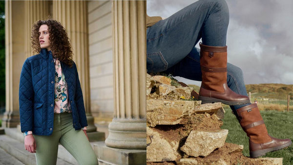 Women wearing quilted jacket in countryside and Dubarry boots worn for a country walk