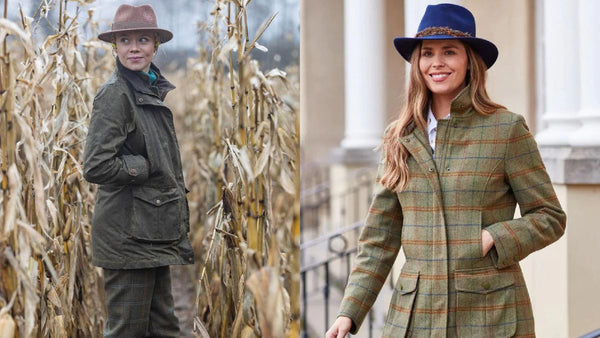 Woman wearing wax jacket out in the countryside and woman wearing tweed jacket with felt hat