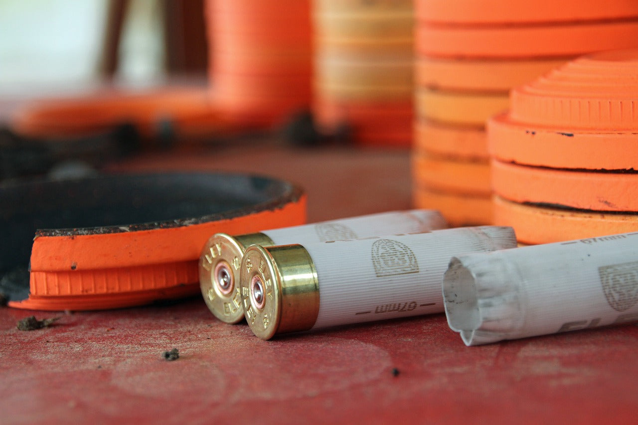 Two clay shooting cartridges against a background of shooting targets