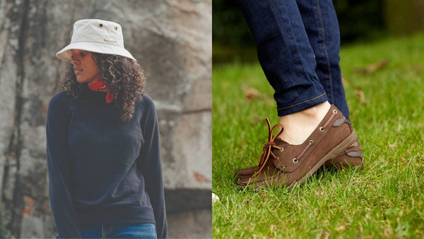 Woman wearing Tilley Hat outdoors & Deck shoes in grass