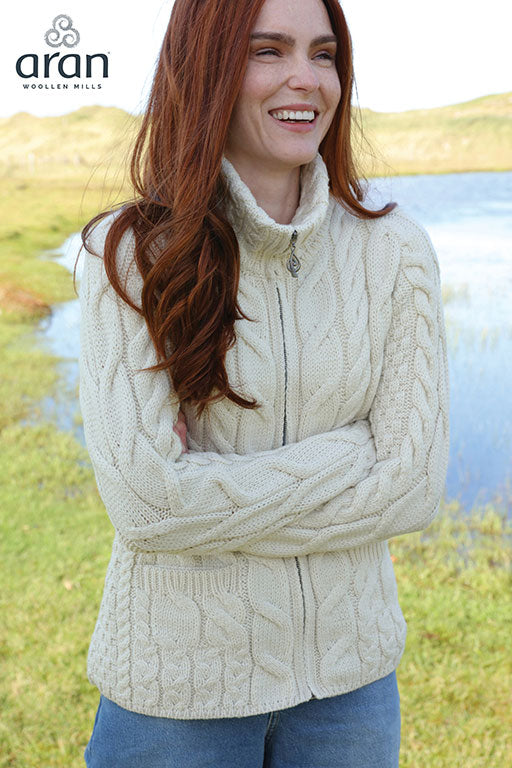 Aran Merino Wool Full Zip Cardigan 