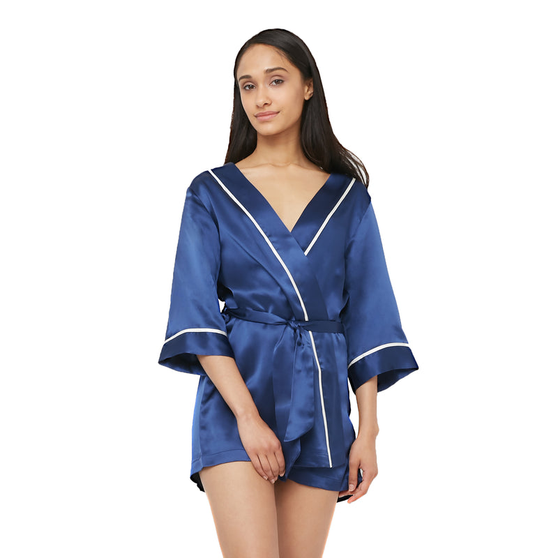 Myk Silk Womens Kimono Style And Shaw Collar Robe Contrast Piping 1310