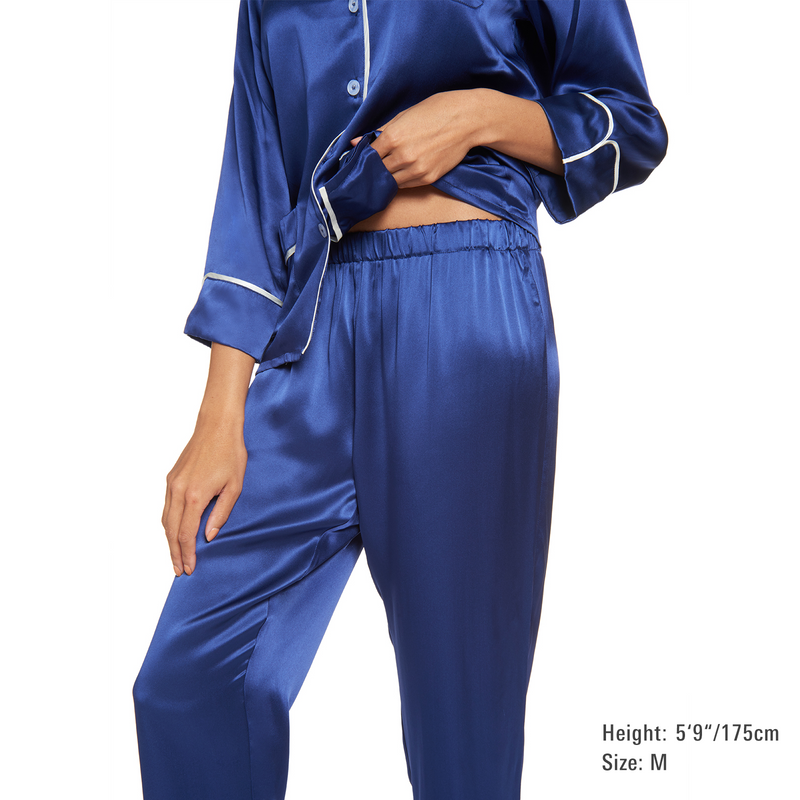 Conjunto de Pijama Largo Clásico de Seda con Ribete en Contraste (22 Momme)