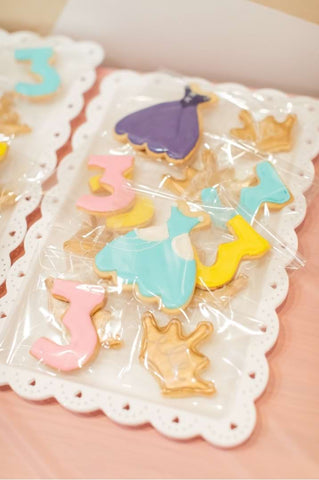 Princess-themed third birthday party cookies