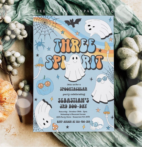 Ghost-themed third birthday party invitation