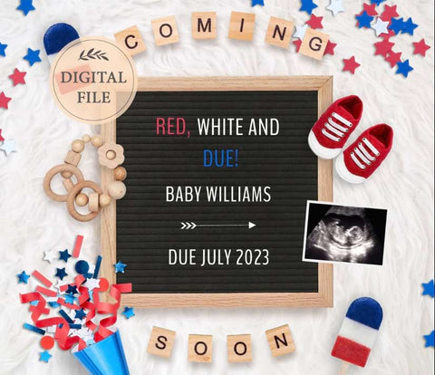 4th of July pregnancy announcement template that uses a letterboard and neutral accents