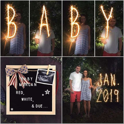 The word BABY spelled out in sparklers