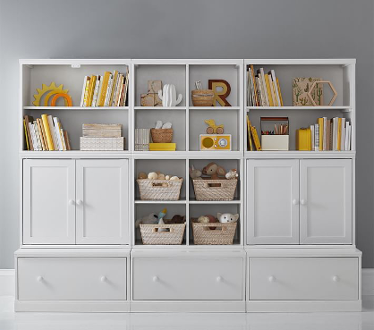 gray bookcase nursery