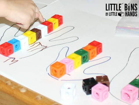 toddler math activity: measuring with counter blocks