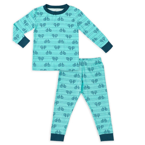 Teal bicycle-printed toddler pajamas from Larkwear