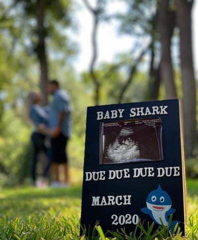 Sign that says "Baby shark due due due October 2020" with picture from ultrasound