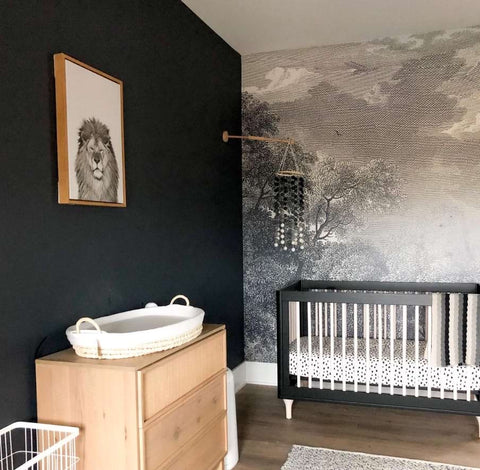 Black nursery with a black crib and a wallpaper accent wall