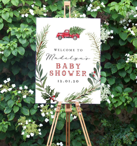 Christmas-themed winter baby shower welcome sign