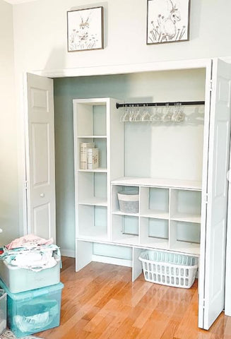 Open closet with built-in shelves