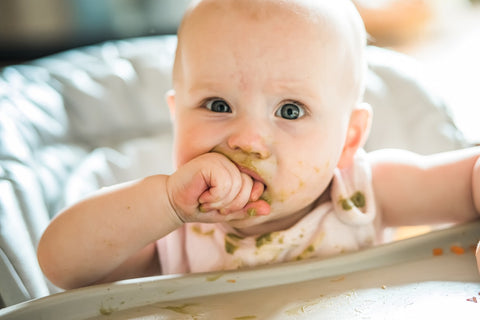 A messy-faced baby chews on her fist from a high chair